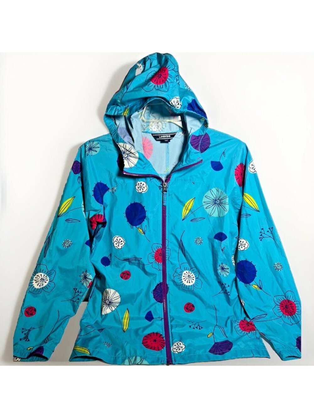 Lands’ End Girl’s Size Large Rain Coat Jacket Packable Hood Floral Windbreak. Gg